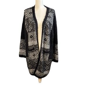 MaxSport Black and White Eyelash Long Duster Cardigan Abstract Size XLarge Cozy